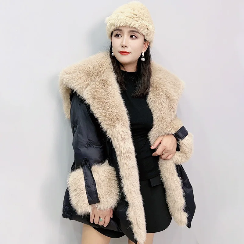 

Large size down jacket women100kg 2023 winter new design sense big hair collar slimming coat luxury Real wool shawl for lady