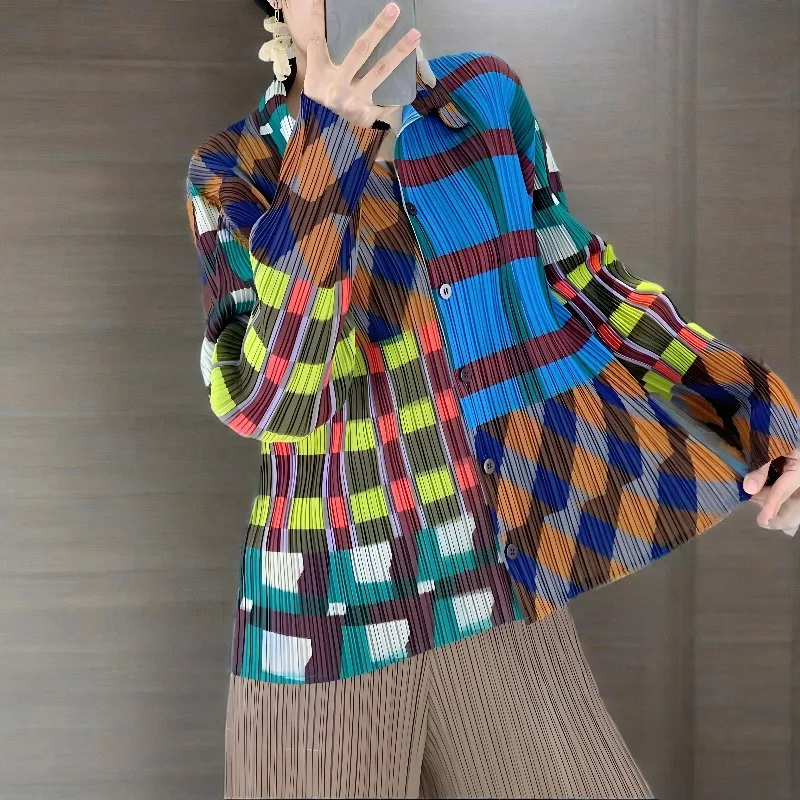 

2025 Spring and Autumn New Miyake Pleated Shirt Women Loose Ageing Dopamine Wear Shirt Casual Fashion Printed Cardigan Tops