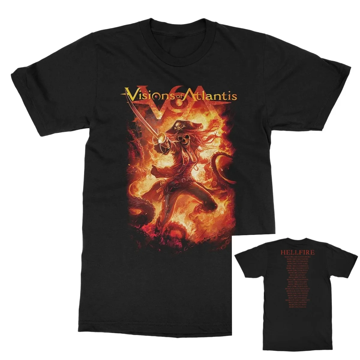Burning Flame Skeleton Female Pirate Octopus Tentacle Dark Fantasy Poster T Shirt, Visions of Atlantis
