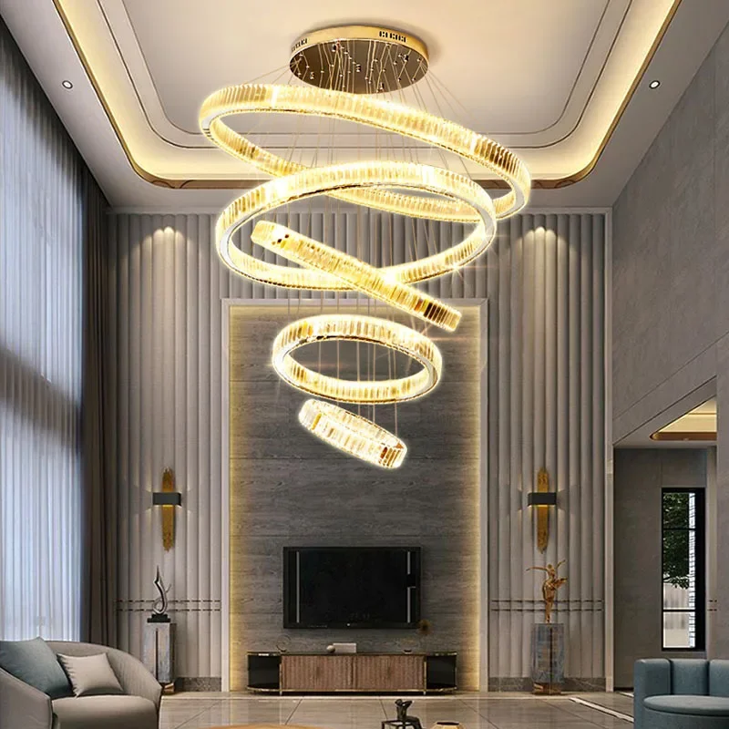 

Luxury Crystal Chandelier Large Staircase Rings Design Modern Led Pendant Lamp Long Villa Lobby Living Room Gold Hanging Light