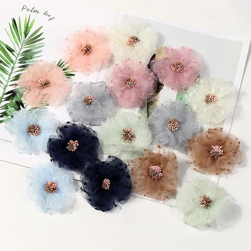 2/5Pcs Chiffon Artificial Flowers Head Fabric Applique Dress Sewing Supplies Patches Accessories For Kids Girls Hairpin Decor