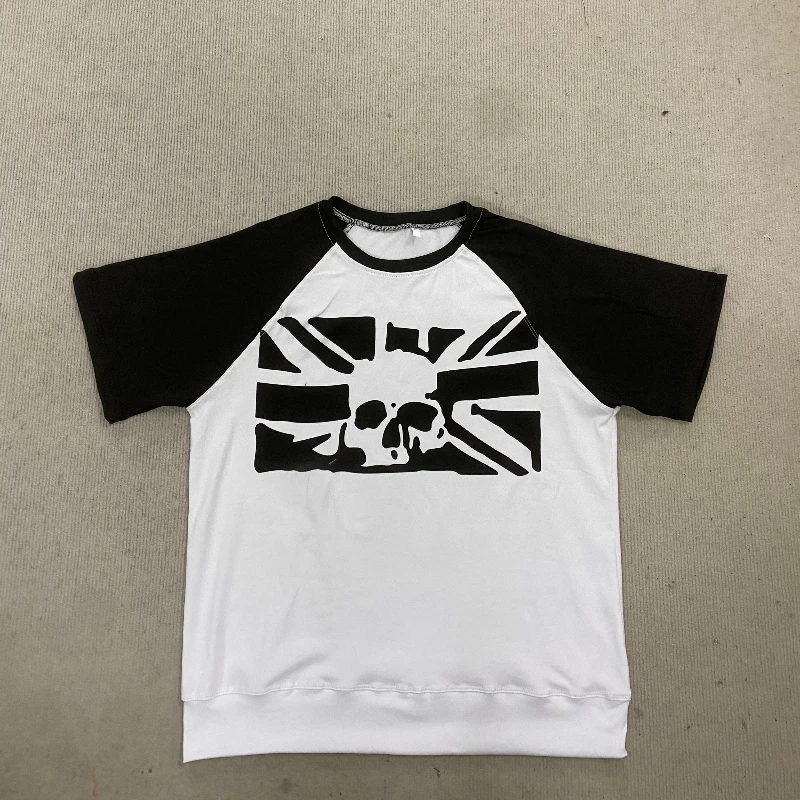 American retro patchwork skull print round neck short sleeved pullover, street fashion T-shirt, autumn top