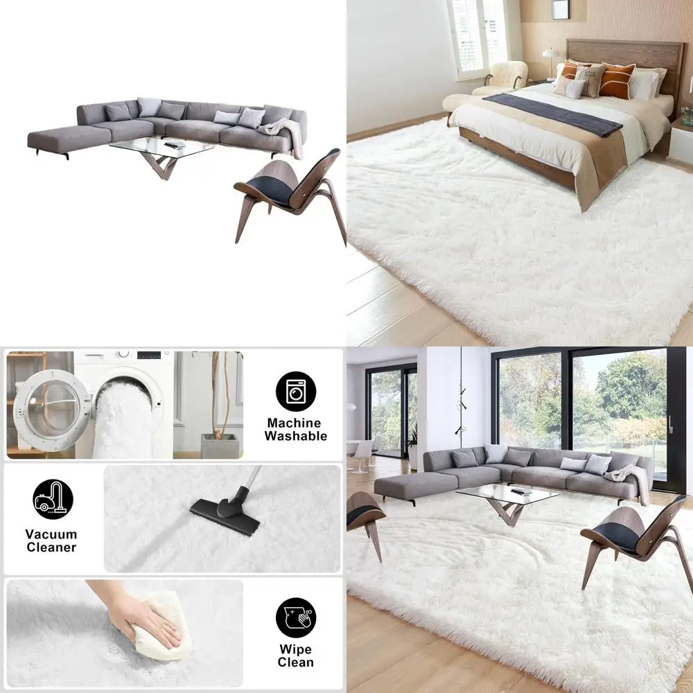 

Ivory Large Shaggy Rug, 8x10 ft, for Living Room, Bedroom, Kids' Room, and Nursery - Non-Slip, Plush, and Comfy Floor Carpet