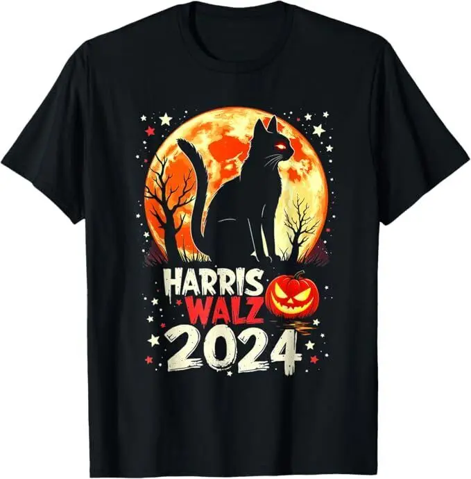 Harris Walz 2024 Funny Cat Pumpkin Halloween Election Kamala Unisex T-Shirt