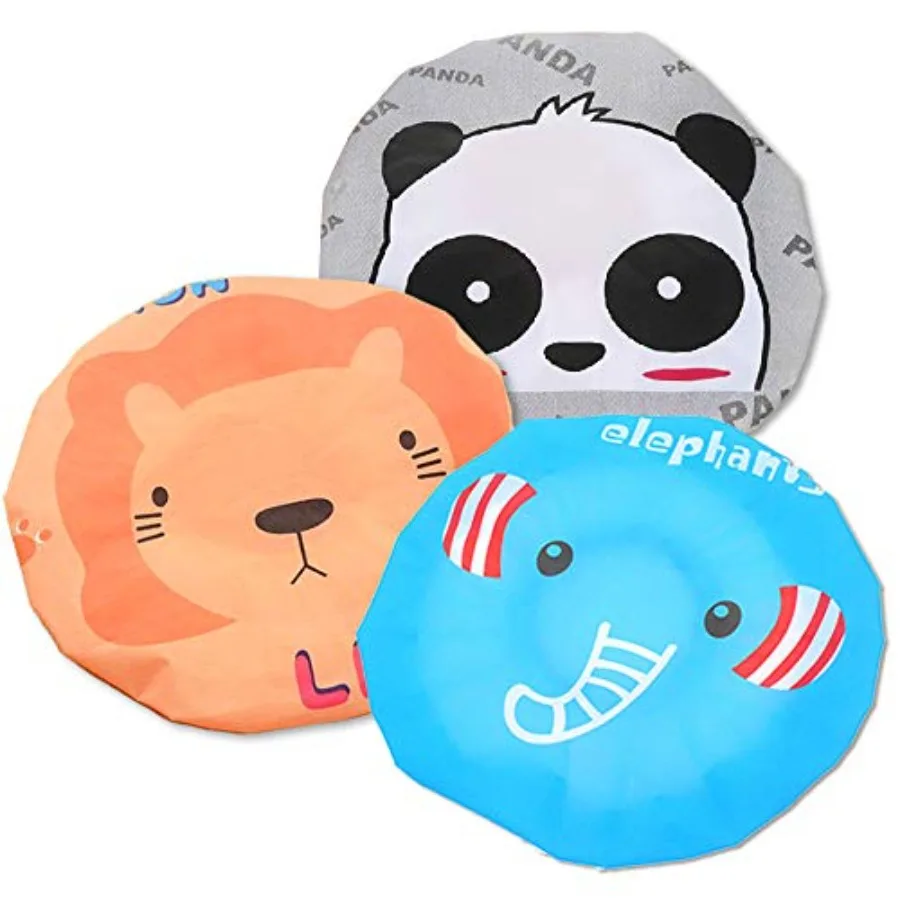 

Cute Cartoon Waterproof Elastic Shower Cap Bath Cap, Pack of 3 Pcs Panda+Elephant+Lion