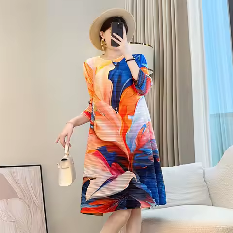 Evening Dresses Long Dresses Fashionable Age-reducing Pleated Print Dress Relaxed Fashion Temperament and Elegant Mother Dress