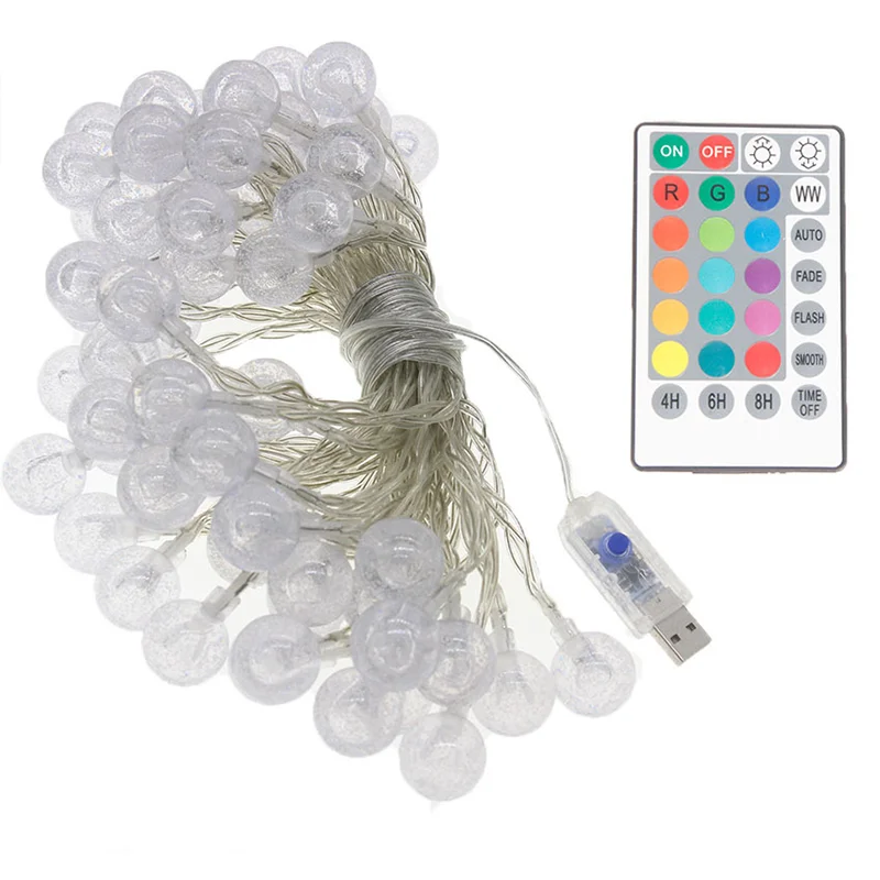 USB Powered RGB LED String 10M 60Leds Crystal Ball Christmas Light Remote Control Waterproof Holiday Wedding Party Decoration