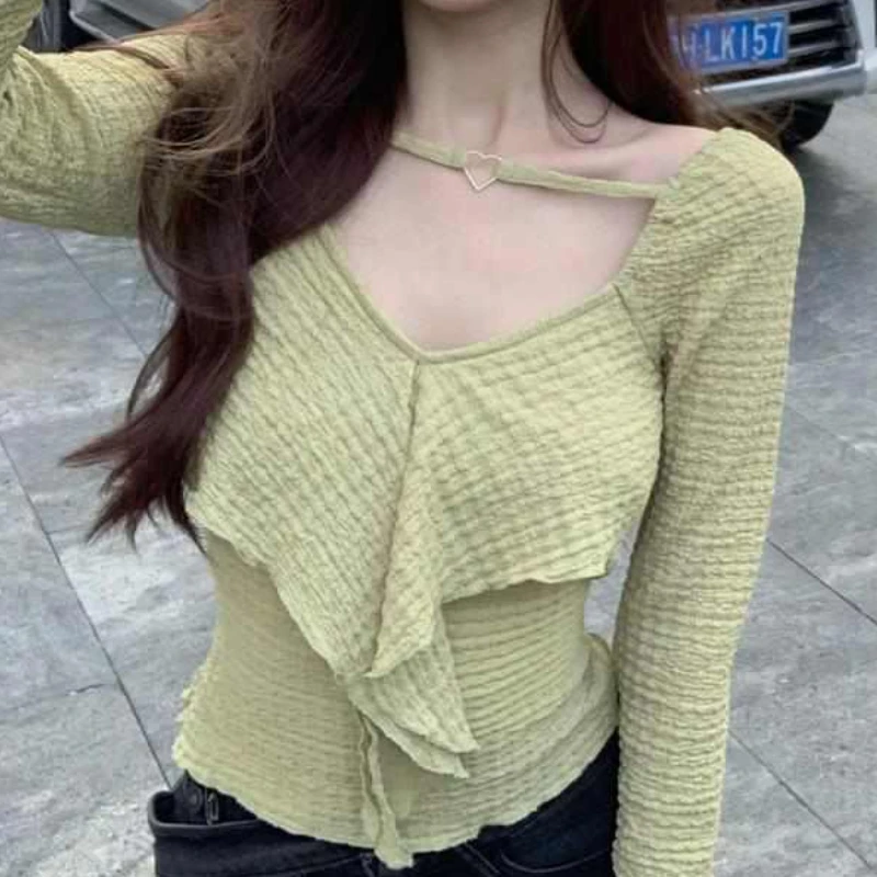 T-shirts Women Slim Ruffles Chic Hotsweet Tender New Arrival Solid Crop Tops Korean Style Sexy All-match Casual College Girls