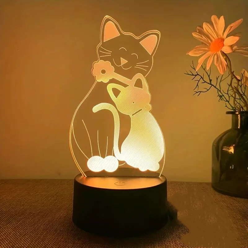 Lampu malam kucing 3D isi 1 buah, lampu ilusi optik 3D dengan sentuhan, lampu sekitar 7 warna berubah untuk kamar tidur
