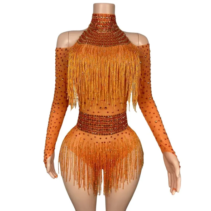 

Sparkly Pink/Red Crystal Fringe Bodysuit for Women DJ Nightclub Pole Dance Tassel Leotard Dancer Sexy Performance Stage Costume