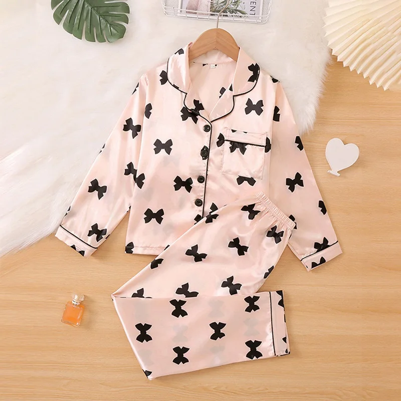 Spring Kids 2Pcs Sleepwear Solid Sweet Mock Silk Long Sleeve Two Piece Pajama with Valentine Heart Print Girls Pyjamas Nightwear