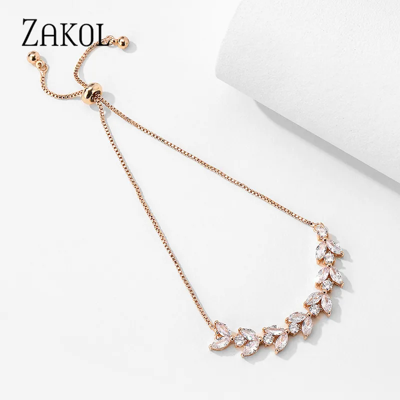 ZAKOL Fashion Leaf Zircon Adjustable Bracelets for Women Bride Wedding Jewelry