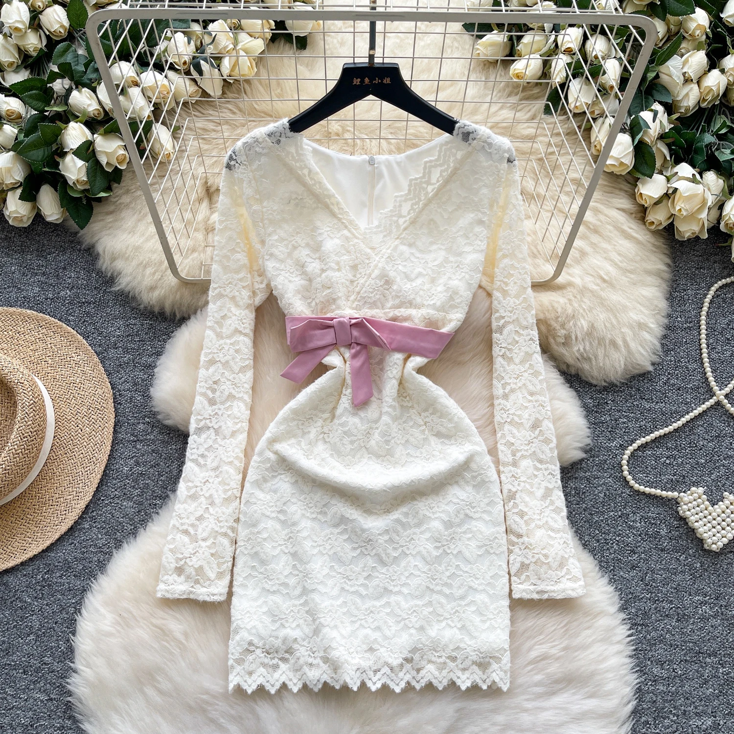 ชุดเดรสวินเทจเก๋ไก๋ คอวี แขนยาว สไตล์เกาหลี สวยสง่า สำหรับฤดูใบไม้ร่วง เสื้อผ้าผู้หญิง