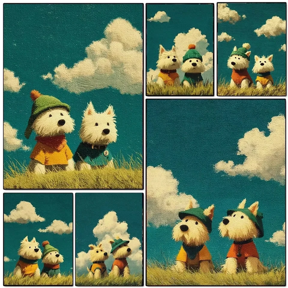 Jigsaw Puzzle 500/1000/1200/2000PCS Westie Puppies In Warm Clothes Grass Field Retro Painting Blue Sky Landscape Wall Decor