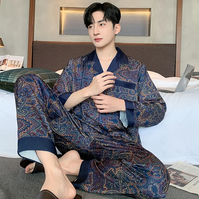 

New Listing Long Sleeve Mens Stain Silk Pajama Sets Short Sleeve Shorts Men Pijama Printed Pyjamas Men Loungewear Sleepwear Thin