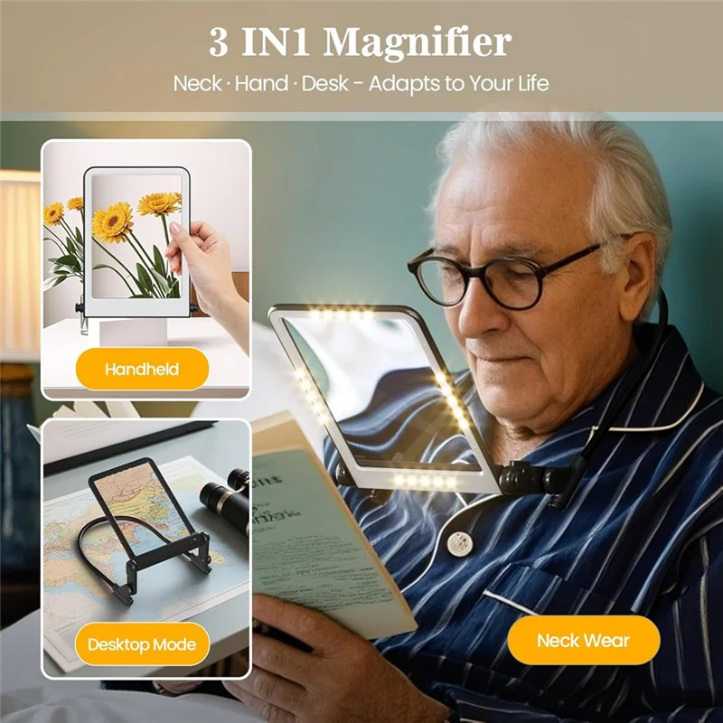 PORK-Magnifying Glass With Light For Reading, Hands Free Neck Wear Magnifier, 3 Color Dimmable, Full Page