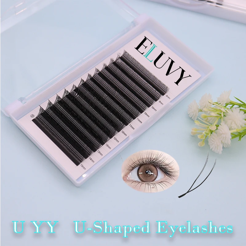 

ELUVY U YY Shaped Parallel Flower Eyelashes Extensions Matte Black Double Tips 2D cosplay Lashes Premade Fans Volume False Las