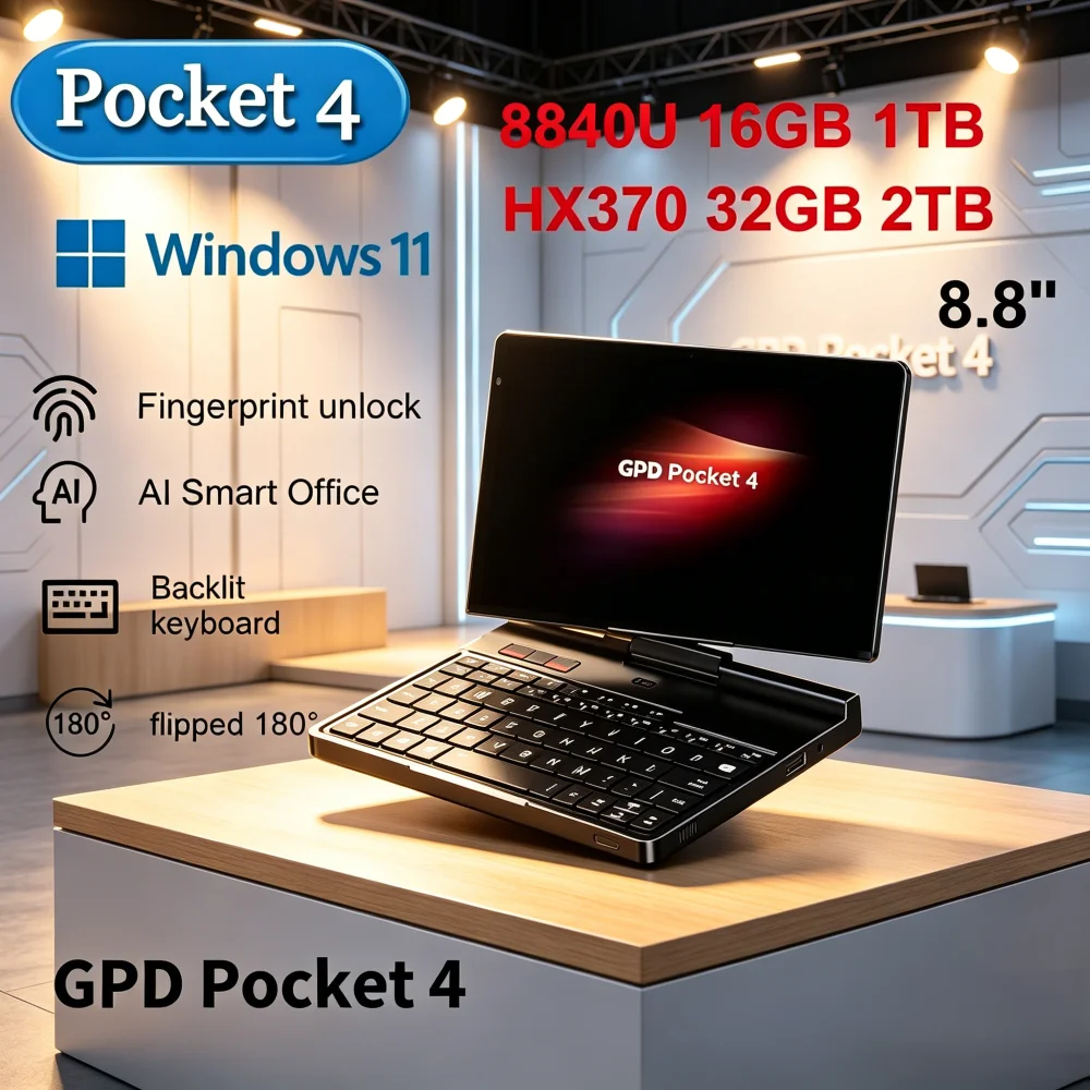 

GPD Pocket 4 8.8 Inch 144Hz Touch Mini Laptop AMD AI 9 HX 370 64GB RAM Portable UMPC Business Pocket PC Windows 11