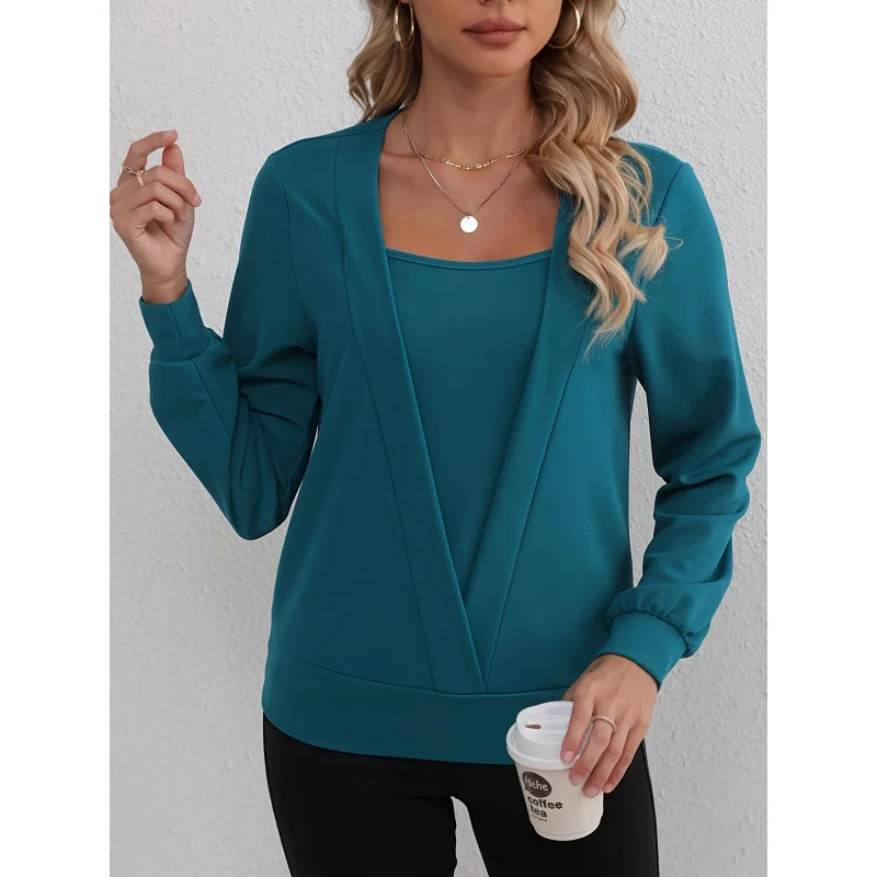 Felpa pullover tinta unita 2 in 1, felpa casual girocollo a maniche lunghe per l'autunno e l'inverno, abbigliamento da donna