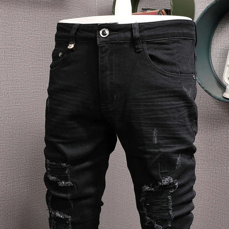 Fashion Streetwear Men Jeans Black Elastic Slim Fit Destroyed Hole Ripped Jeans Men Stretch Trousers Hip Hop Denim Pants Hombre