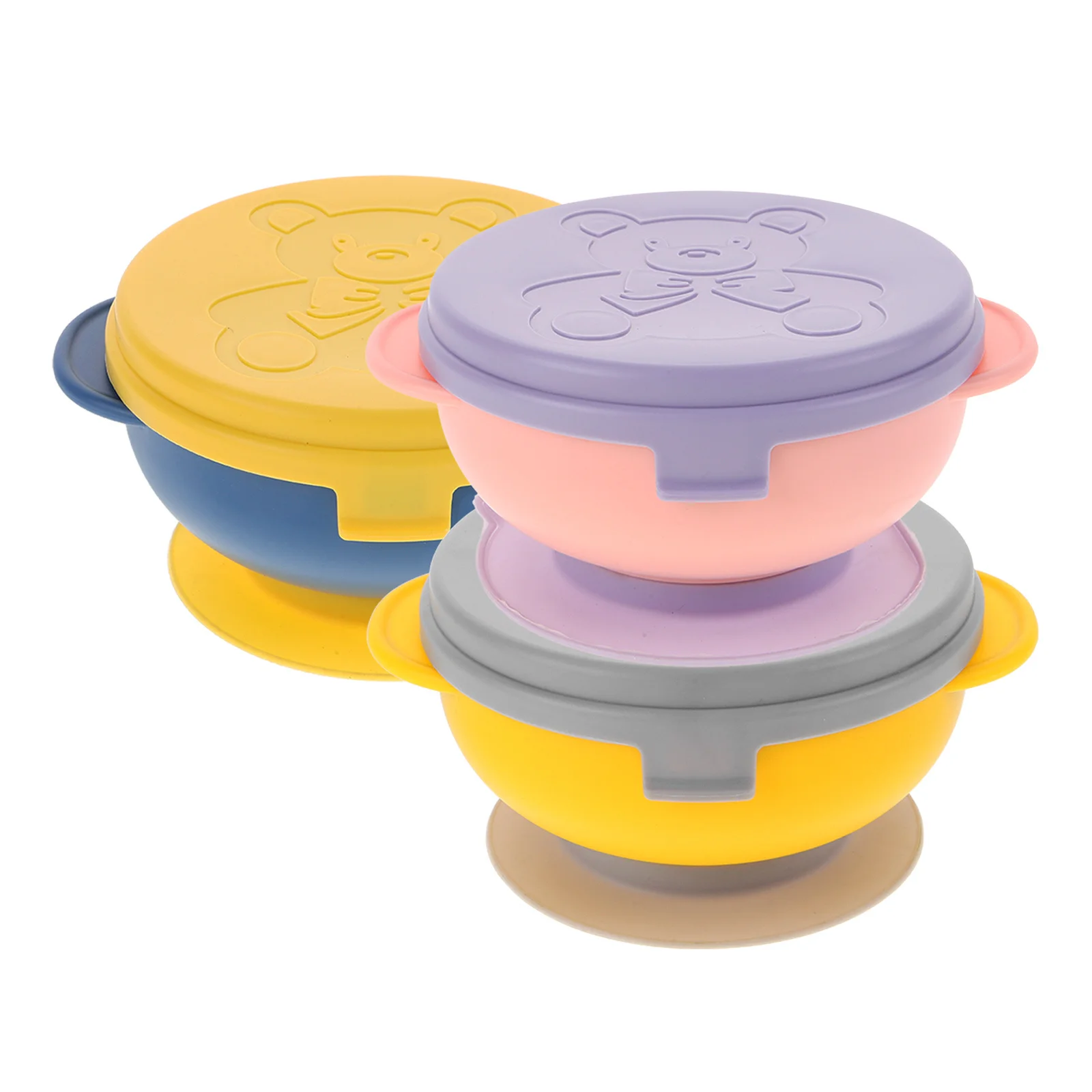 

3pcs Portable Baby Feeding Bowl with Lid Silicone Suction Cup Bowls Infant Tableware (Pink+Yellow+Blue)