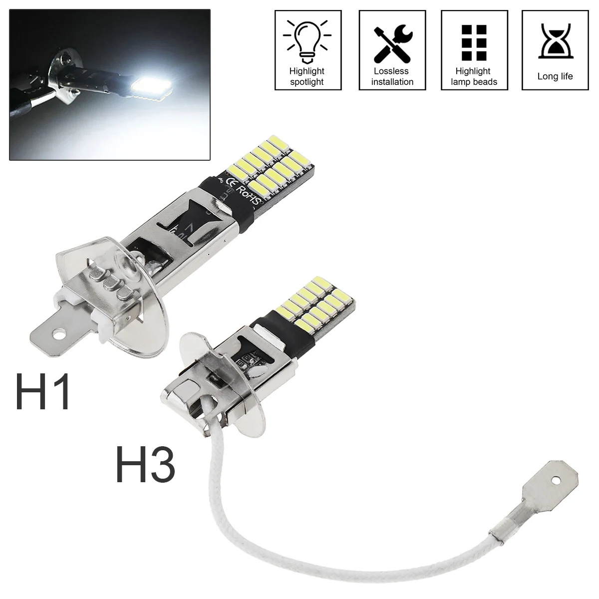 

1pcs Super Bright Car Headlight Bulb H1 H3 4014 24SMD 12V 6000K Canbus Fog Light Replacement Auto DRL Day Running Light Lamp