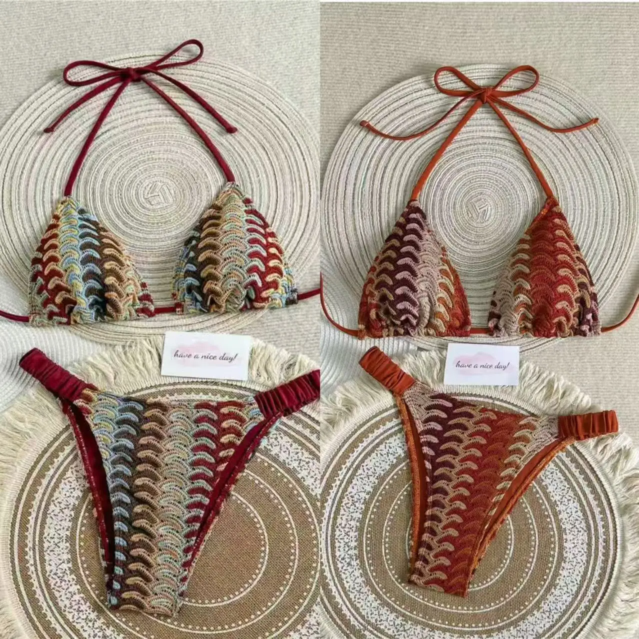 Women Multi Color Wave Knit 2 Piece Bikini Set Textured Crochet Halter Triangle Top Shirred Burgundy Trim Side Tie Swimwear