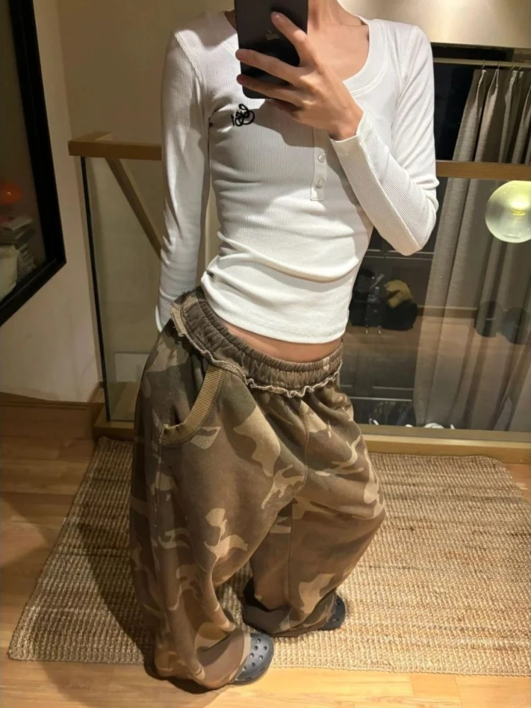 HOUZHOU Vintage Camouflage Pants Women Y2k Hip Hop Style 2000s Baggy Trousers Grunge Retro Streetwear Wide Leg Pants Aesthetics