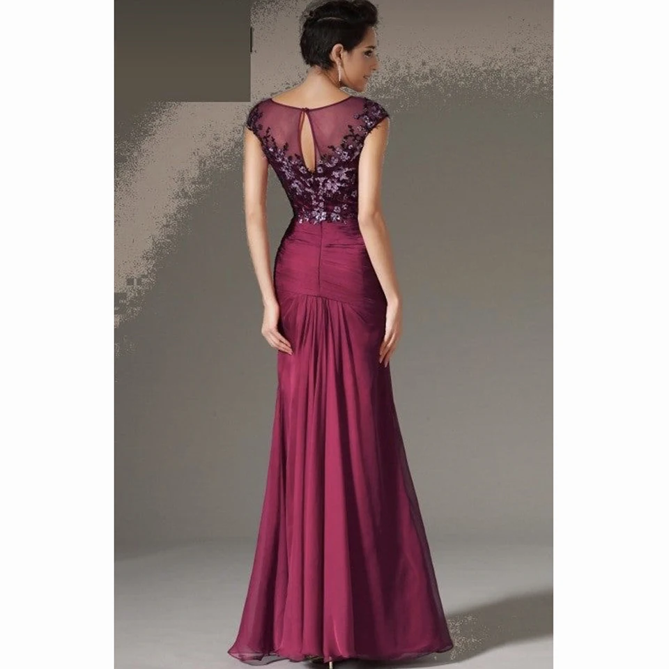 Elegant Rose Purple O-Neck Sleeveless Appliques Evening Dress 2023 Mermaid Floor Length Side Slit Chiffon Zipper Prom Dress