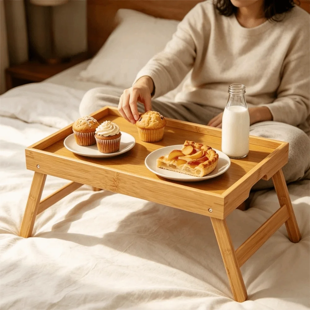Natural Bamboo Folding Leg Breakfast Trays Concealed Handle Rectangular Desk Snack Tray Large Capacity Bed Laptop Tray Bedroom