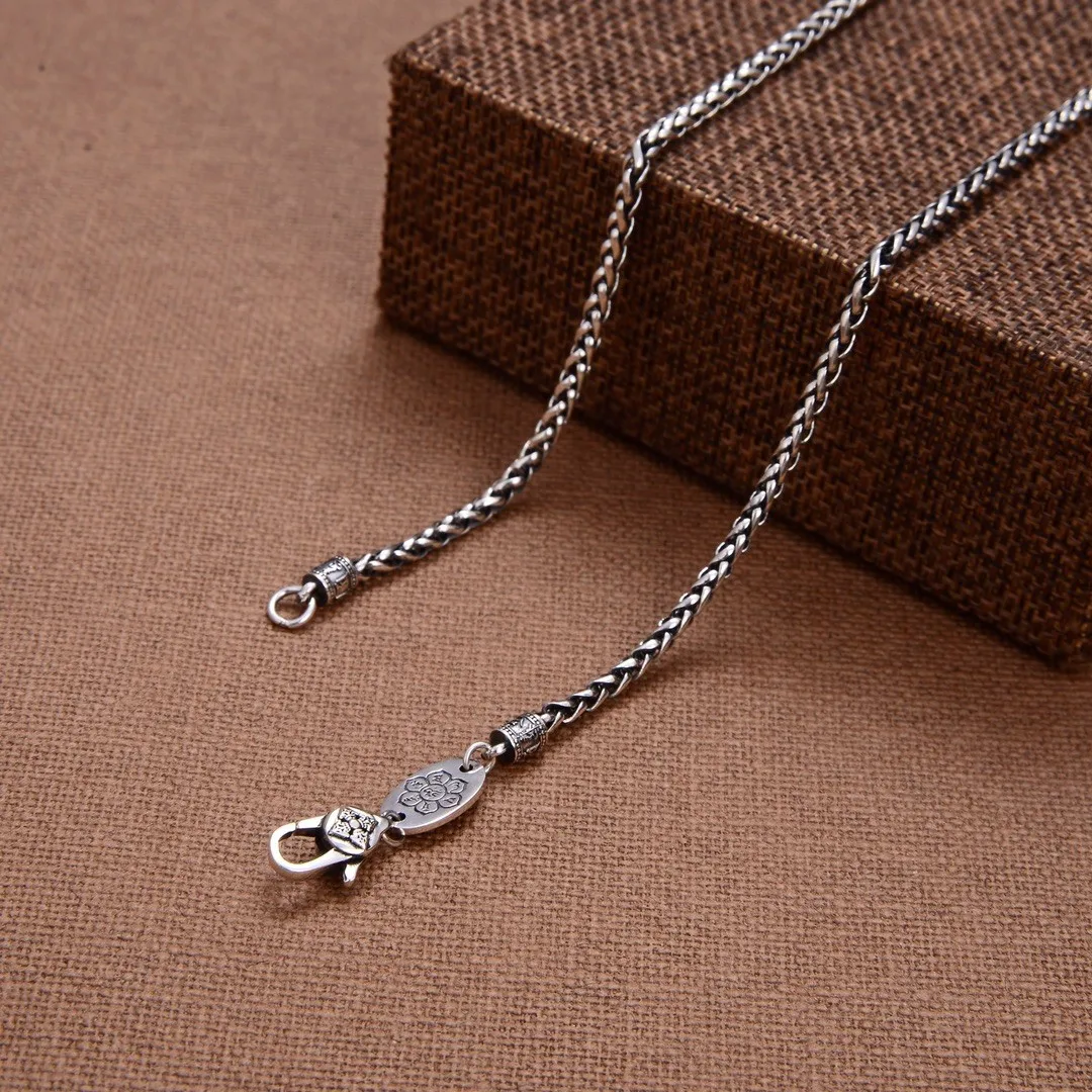 

S925 sterling silver creative six words mantra Vajra chain Thai silver craft 3mm twist necklace for men and women