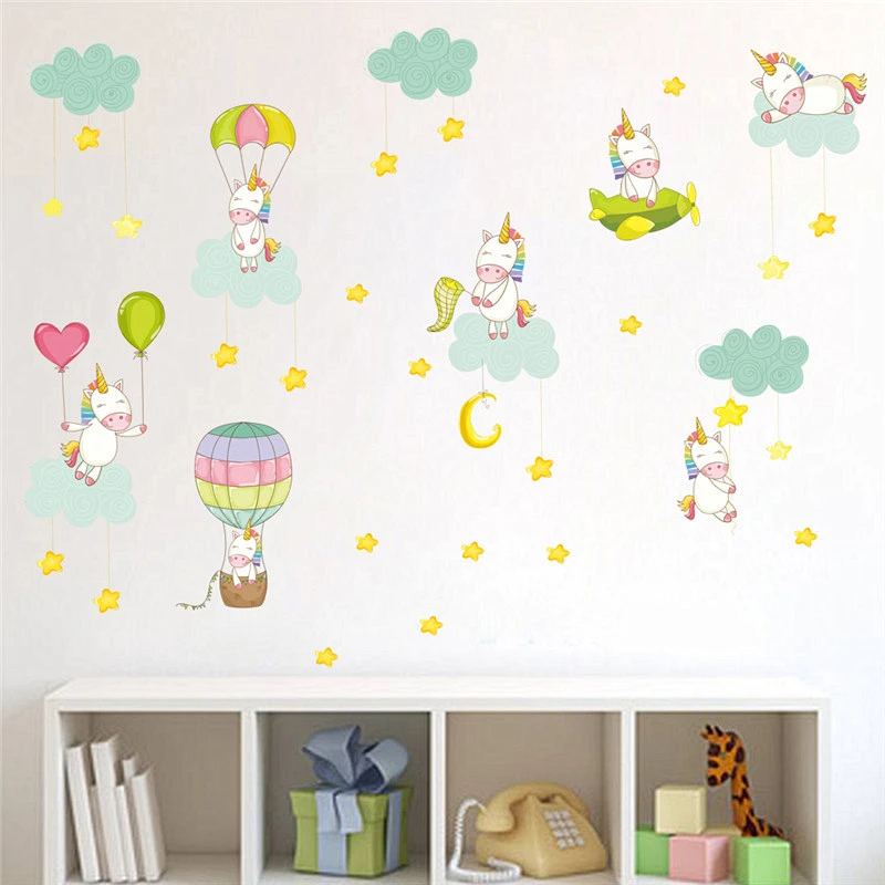 Cartoon Baby Unicorn Balloons Wall Stickers For Girls' Bedroom Home Decoration Diy Animals Murals Art Kids Decals Pvc Posters