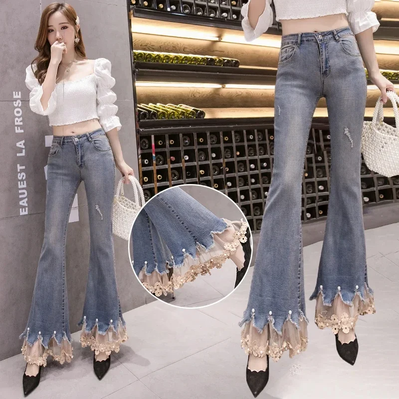 

Beading Petal Lace Patchwork Flared Jeans For Women 2023 Autumn Skinny Fashion Boot-Cut Ankle Length Denim Mujer Pants A760