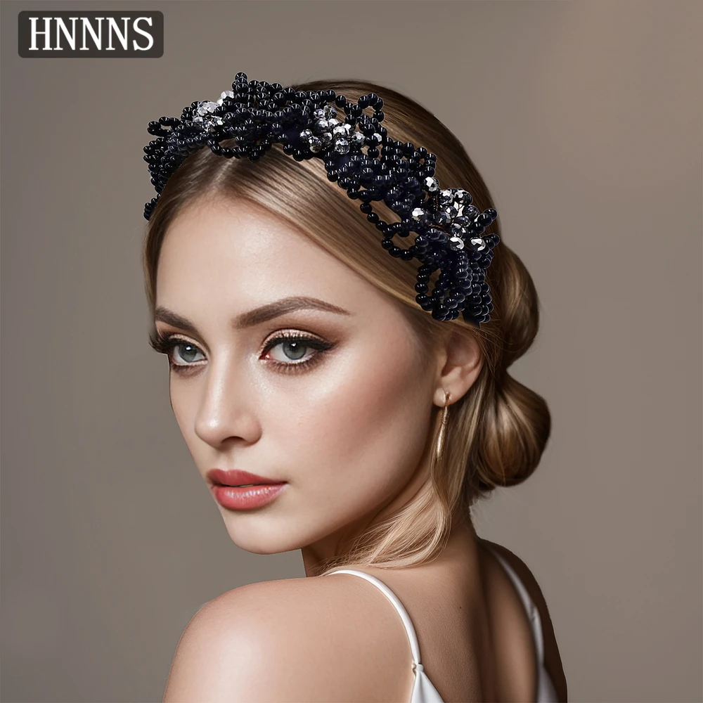

TOPQUEEN Elegant Black Bride Wedding Pearl Flower Headband Handmade Beaded Ladies Banquet Party Ball Everyday Headdress YXA15
