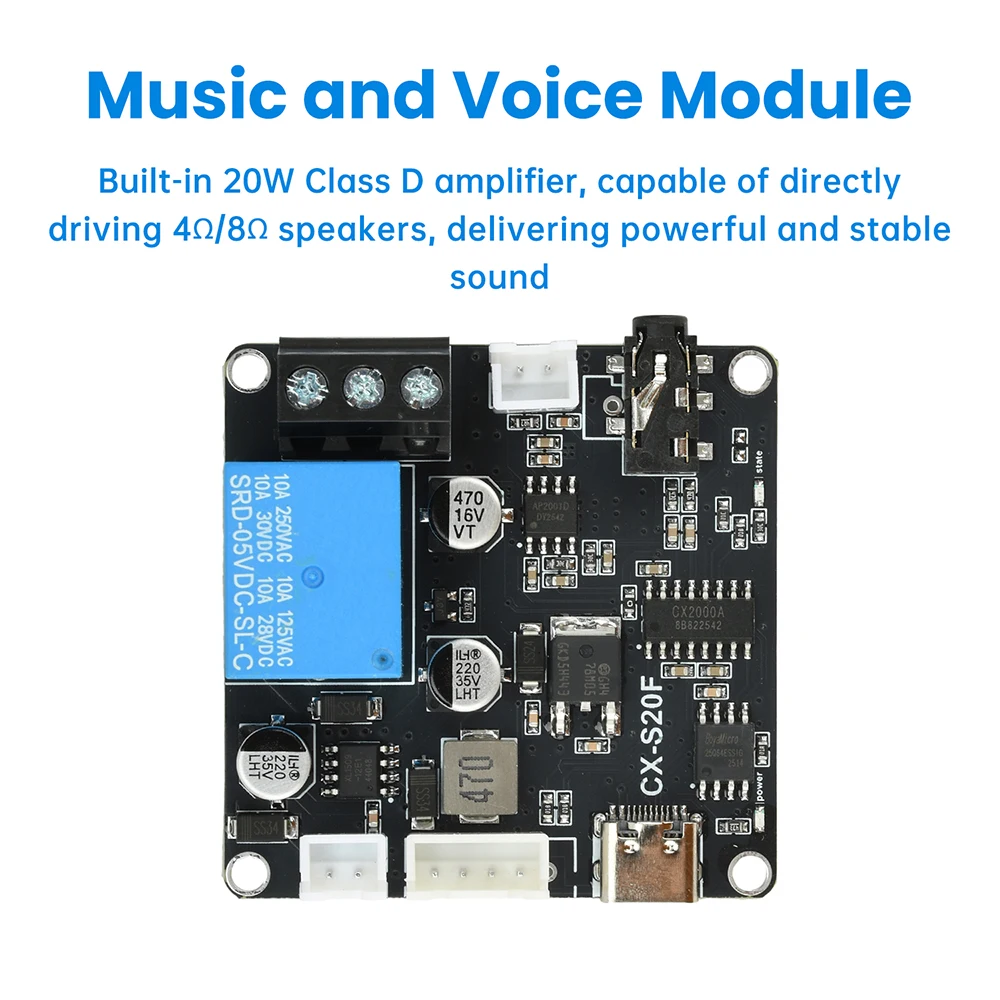 DC6-35V Serial Port Control Mp3 Voice Module 20W Class D Amplifier MCU Trigger Custom Audio CX-S20F for Industrial Applications