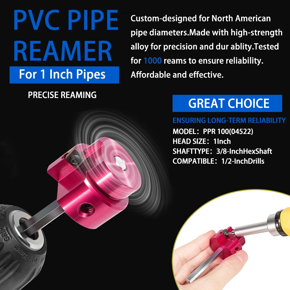 PPR200 PVC Pipe Reamer Fitting Saver 1-1/2 & 2 Inch Head For Schedule 40 PVC Pipe CPVC & ABS Drain Pipe with 3/8-Inch Hex Shaft