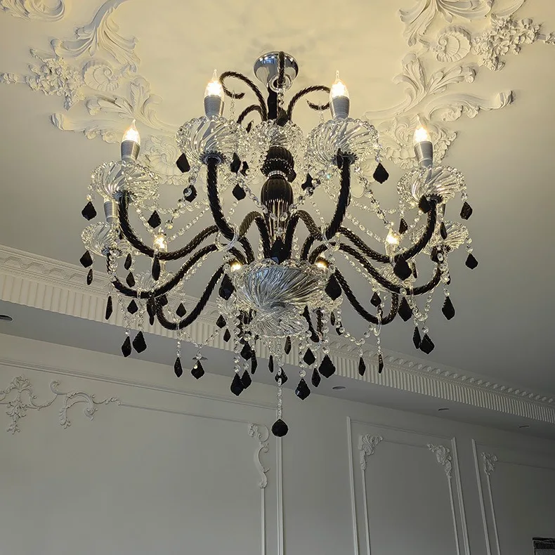 

French retro black European luxury dining room, master bedroom, study, crystal chandelier