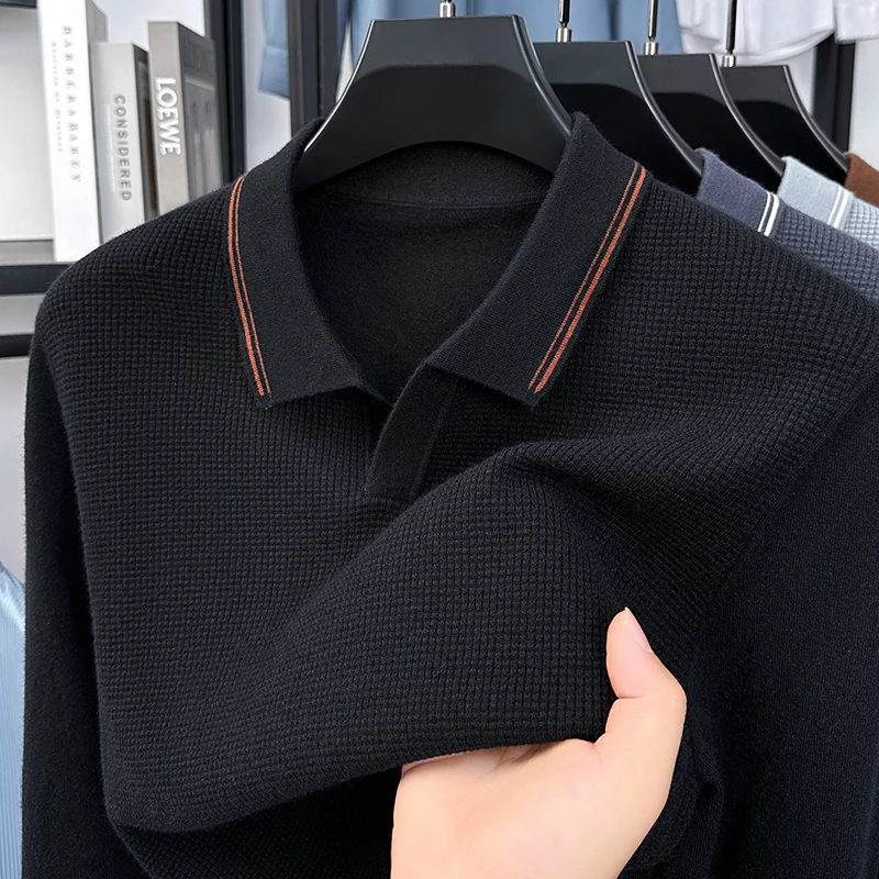 Men's Autumn Long-sleeved Sweater Jacquard Seagull Collar Solid Color  Knitted Shirt Casual Base Layer Fashionable Men Clothing