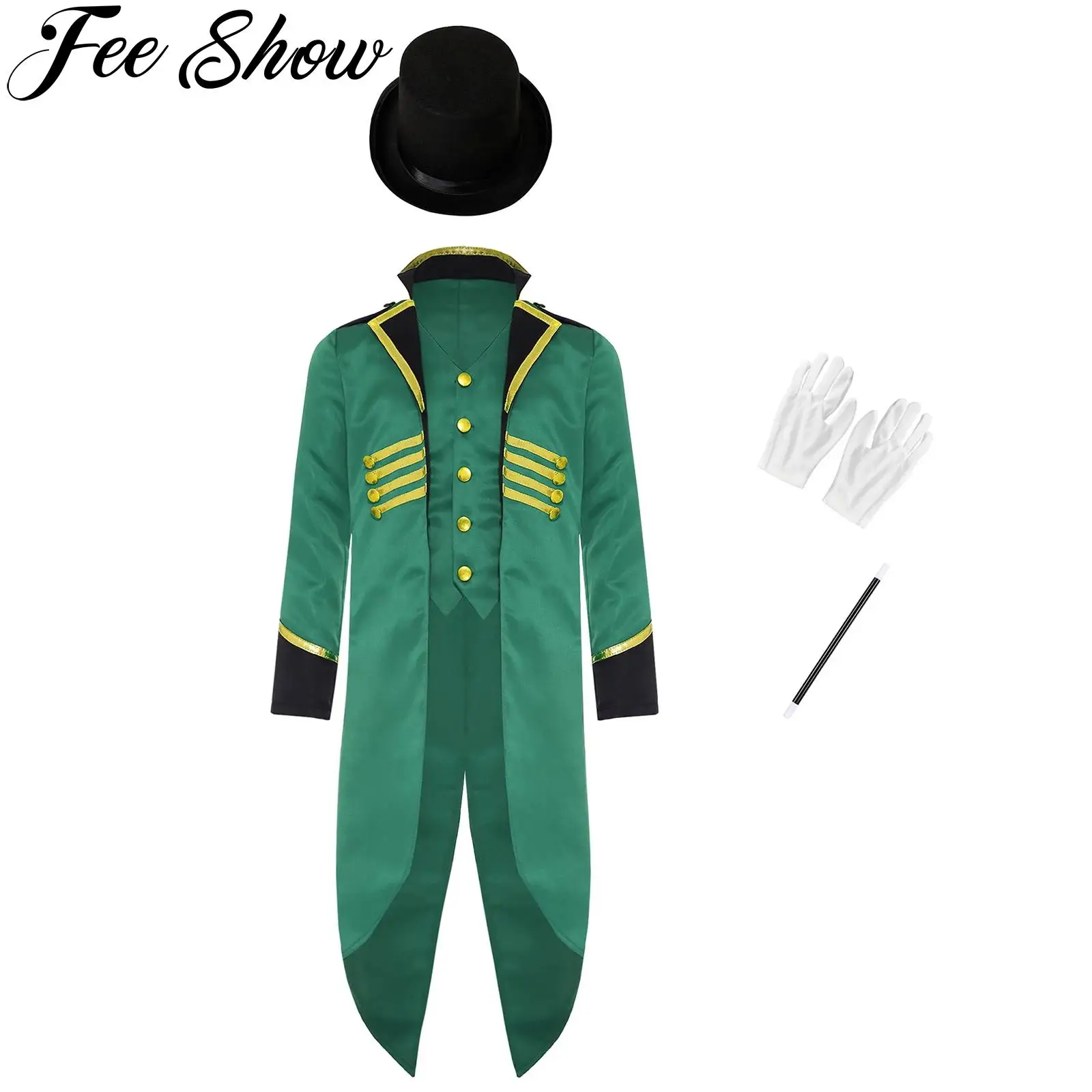 Kids Medieval Victorian Vintage Tailcoat Tuxedo with Top Hat Gloves for Halloween Party Circus Magician Cosplay Dress Up Costume