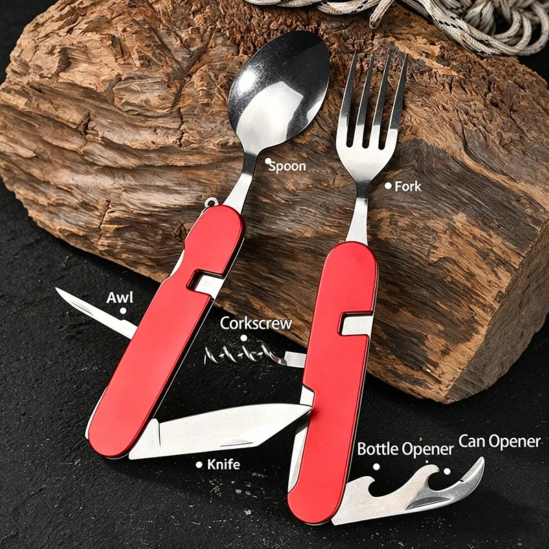 Conjunto de Talheres para Camping 6 em 1, Colher de Turista, Garfo de Camping, Talheres de Aço Inoxidável, Kits de Talheres Dobráveis para Atividades ao Ar Livre DCS001