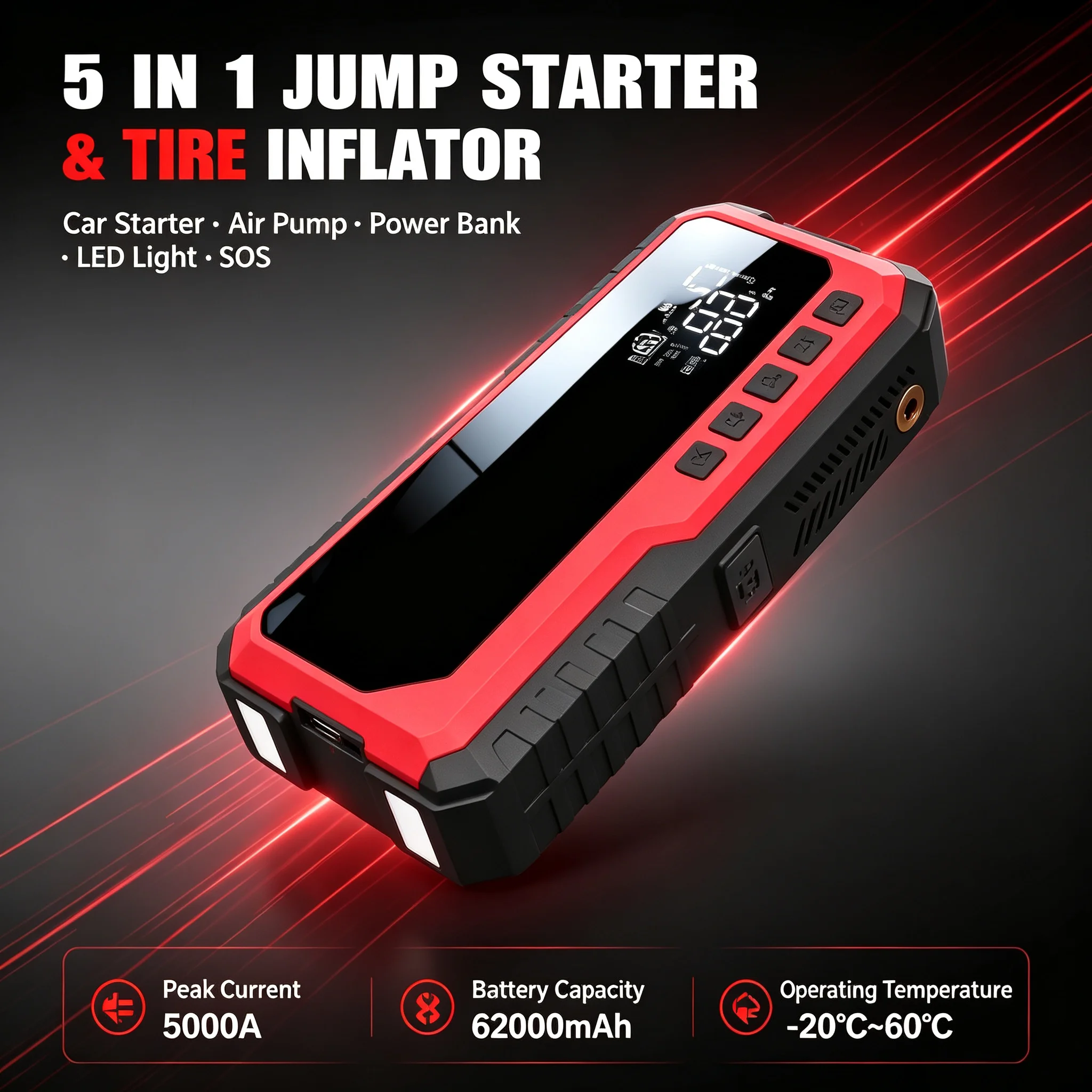 62000mAh Portable Power Bank Car Jump Battery Starter Device Air Compressor 12v Function Car Booster Auto Battery Charger Multi