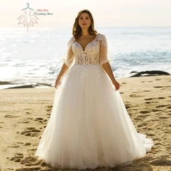 Beach Wedding Dresses Plus Size V Neck Puff Illusion Sleeves Bride Gowns Appliques Floor Length A-Line Tulle Vestido PSL980026