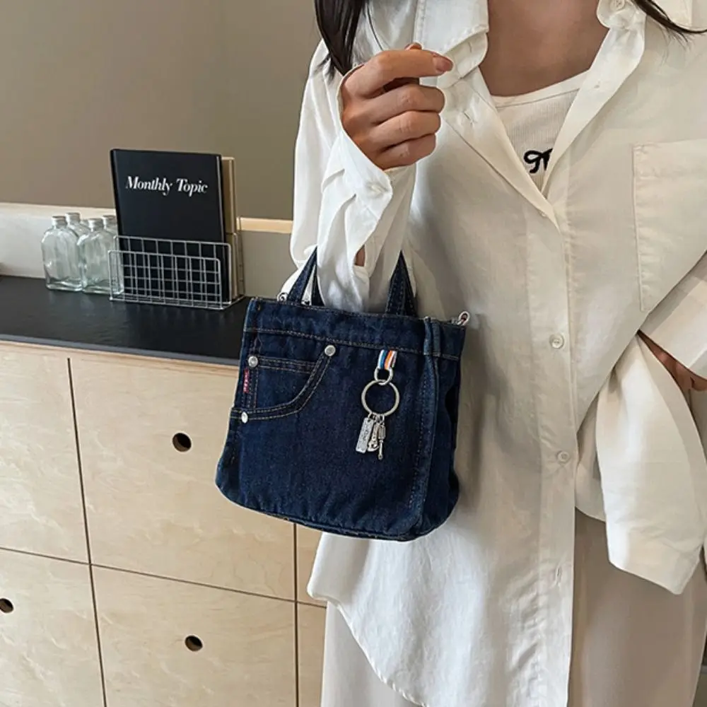 

Trendy Large Capacity Denim Bag Handbag Simple Canvas Tote Bag Commute Small Square Bag Shoulder Bag Unisex