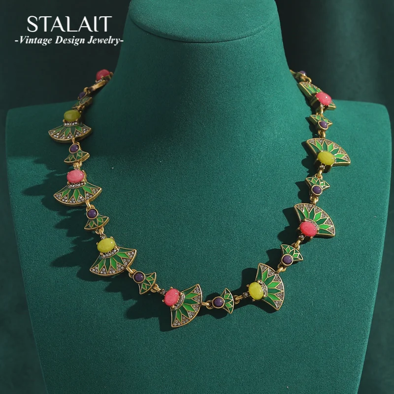 

Enamel Choker Collar Necklaces Color Oval Glass Vintage Gold Color Accessories for Women New Antique Jewelry Fan Shaped 2025