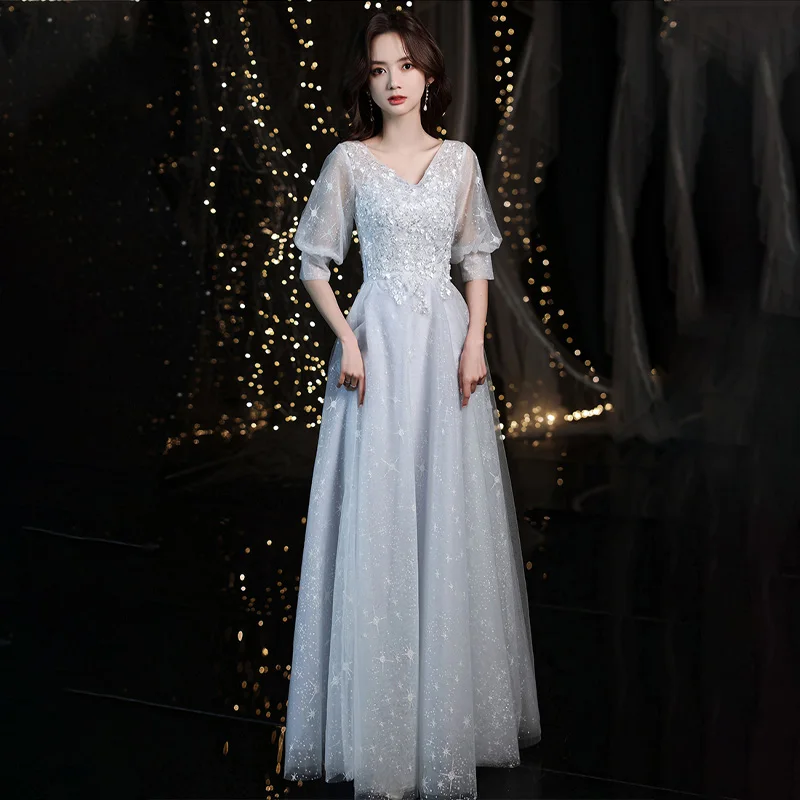 

New Arrival V-Neck Pleat Tulle Half Sleeves Lace Up Floor-Length Sequins Appliques A-Line Formal Dress Dress Woman Party A2839