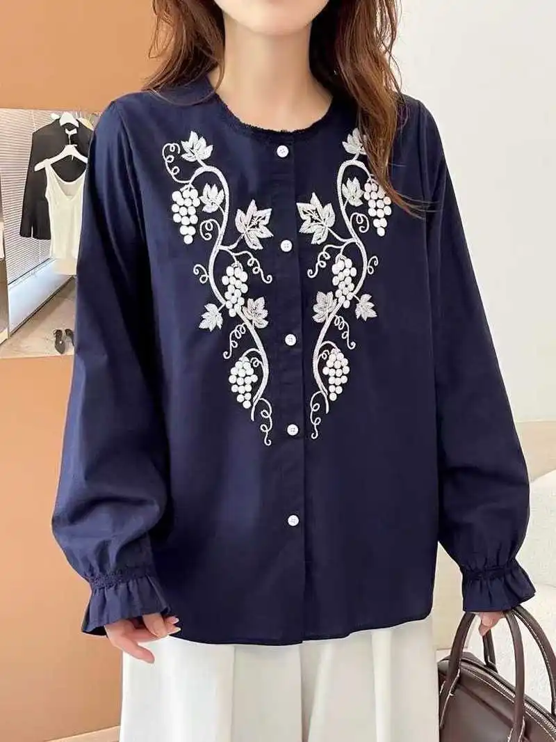 جديد 2025 الخريف قميص قطني بكم طويل ، المرأة س الرقبة التطريز ، موري فتاة ريترو اليابان نمط تنوعا بلوزة فضفاضة T59216CC