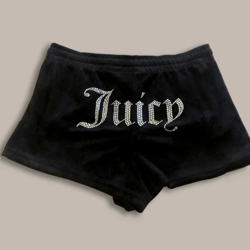 Women Gothic Juicy Diamante Printed Velvet Shorts Low Waist Slim Y2K Fashion Short Pants Daily Party Bottoms