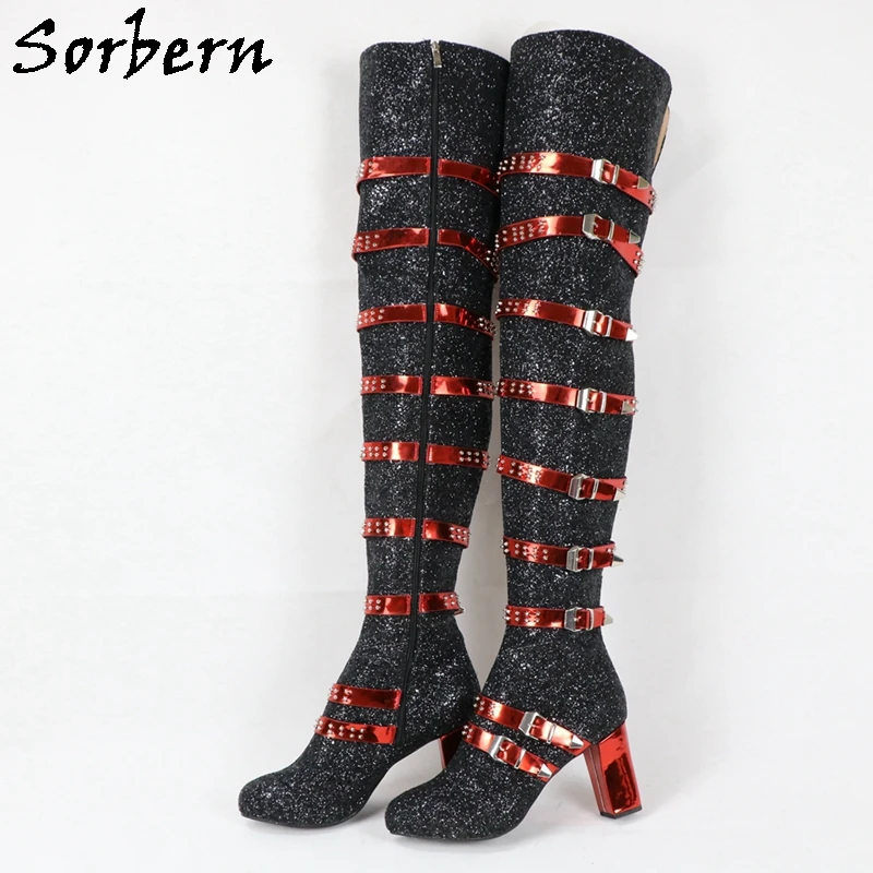 Sorbern Punk Sequins Kinky Boots Block Mid Heel Rivets Chunky Heels Custom Wide Drag Queen Shoes Made-To-Orders