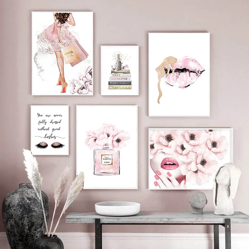 

Pink Flower Perfume Fashion Poster Eyelash Lips Makeup Print Canvas Art Painting Wall Picture Modern Girl Room Home Decoration