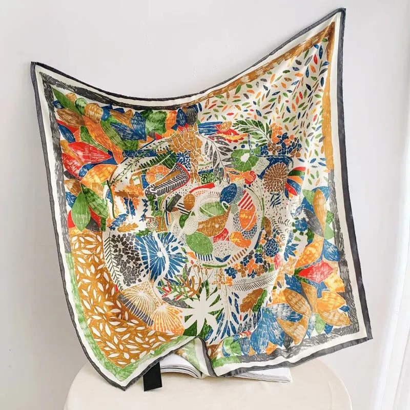 Ölgemälde-Imitation auf Seide: 90cm Quadratischer Schal, Koreanischer Stil Damen-Twill-Seidenschal – Detail 3